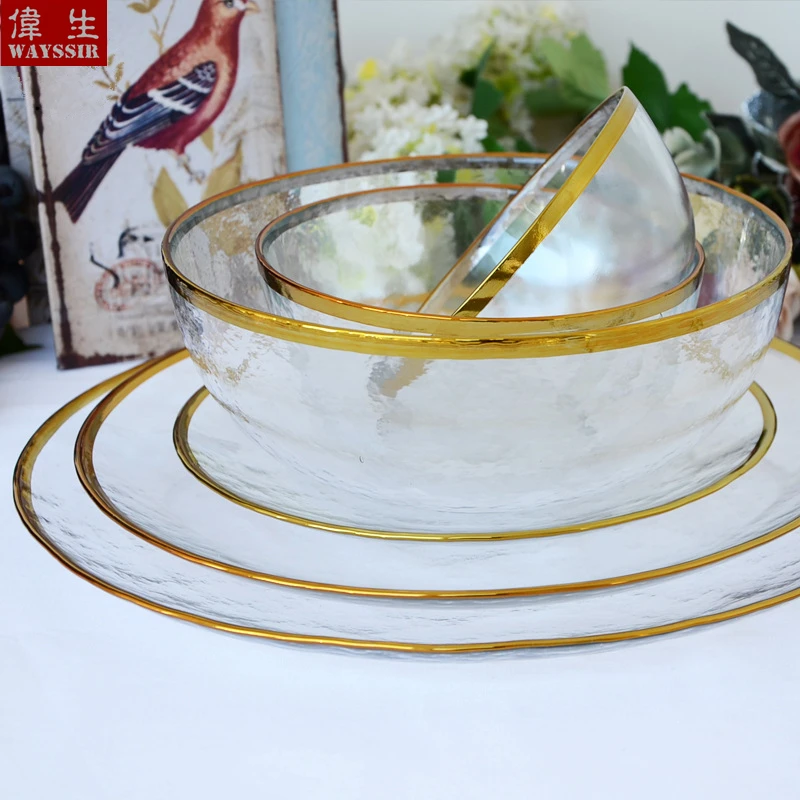 Nordic style gold-plated glass plate for fruit, dessert, salad, soup bowl, dinner, hotel, wedding, decorative tableware