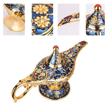 

Elegant Vintage Metal Carved Aladdin Lamp Light Wishing Tea Oil Pot Decoration Figures Saving Collection Arts Craft Gift
