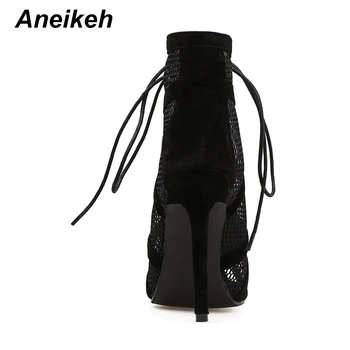 Aneikeh 2022 Fashion Basic Sandals Boots Women High Heels Pumps Sexy Hollow Out Mesh Lace-Up Cross-tied Boots Party Shoes Party 4