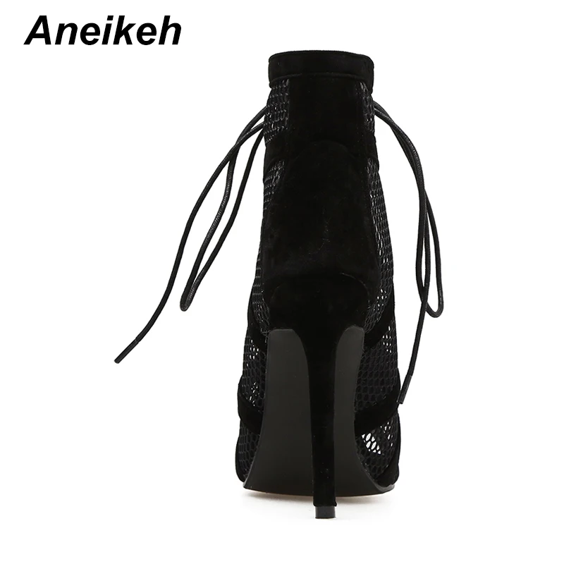 Aneikeh 2022 Fashion Basic Sandals Boots Women High Heels Pumps Sexy Hollow Out Mesh Lace-Up Cross-tied Boots Party Shoes Party