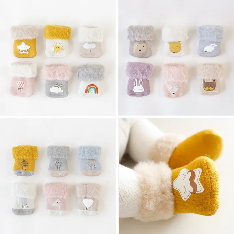 3pcs/set Cartoon Socks for Baby 3D Embroidery Newborn Winter Warm Thick Infant Girls Boys Babies | Детская одежда и обувь