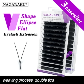 

NAGARAKU 3 Cases Lot V-shape Ellipse Flat Split Tips Eyelash Extension Weaving Progress Double Tips Easy-fans Eyelash Super Soft