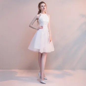 

BacklakeGirls 2019 Halter Sleeveless A Line White Tulle Appliqued Cocktail Dresses Zipper Back Woemn Cocktail Party Dress