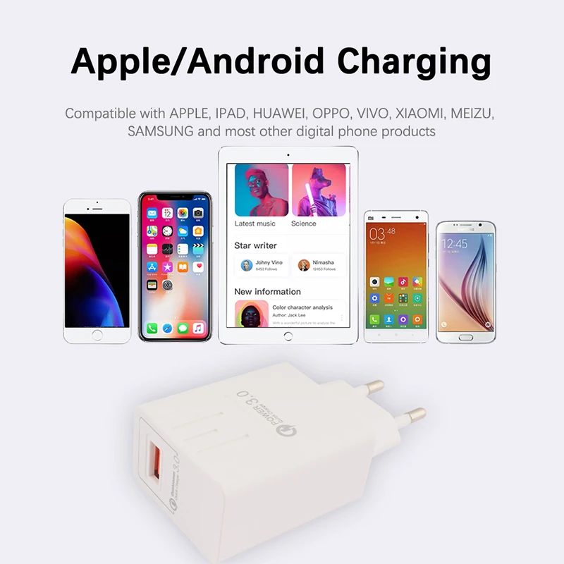 USB зарядное устройство адаптер 5V 3A ЕС-разъем, для поездок Быстрая зарядка мобильного телефона USB кабель адаптер Qualcomm Quick Charge 3,0 настенное зарядное устройство
