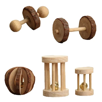 

5PCS Little Pets Toys Set Wooden Chew Pine Dumbells Unicycle Bell Roller Toy Rat Chinchilla Toys For Cat Rabbits Hamster Rat