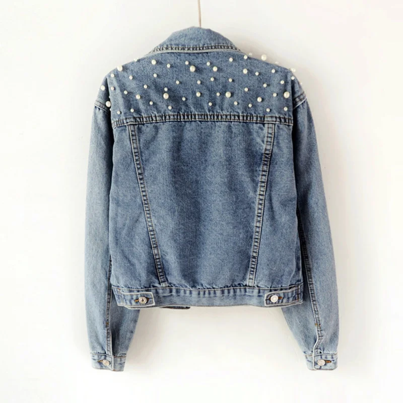 Women Pearl Embellished Denim Jacket With Long Sleeve JKP4722