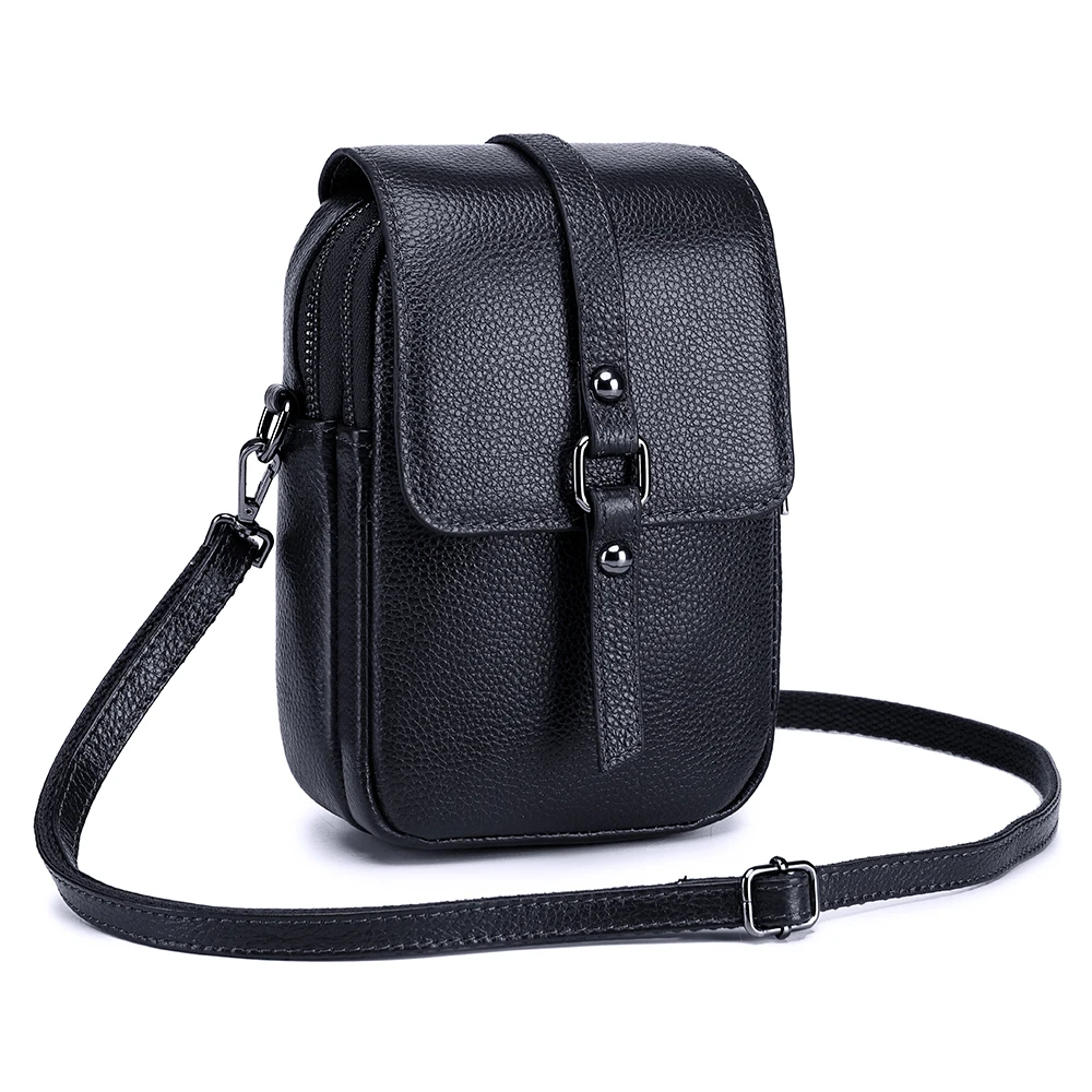 Women's Genuine Leather Small Shoulder Bag - Cute Crossbody Messenger with Double Zipper Pockets