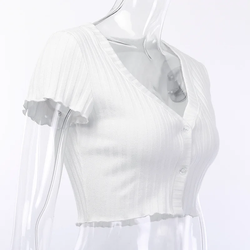 LVINMW, повседневный Вязаный топ в полоску с v-образным вырезом и пуговицами, осень, женская модная тонкая футболка с оборками и коротким рукавом, женская уличная одежда