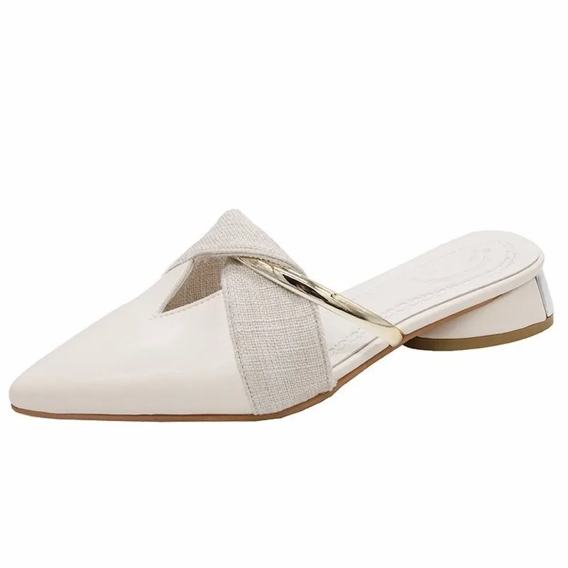

Slippers Women Shoes Woman Mules Pop New Summer Slides Thick Low Heels Casual Shoes Pointed Toe Solid Leather Sexy Ladies Shoes