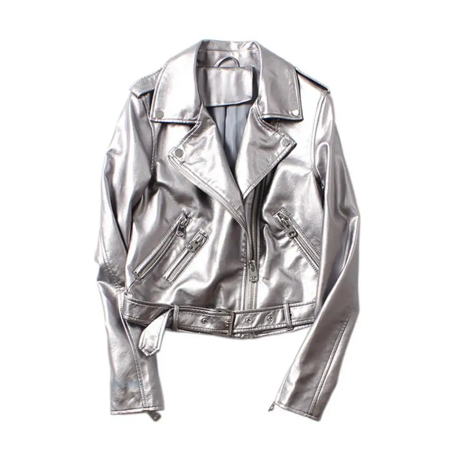 blouson-de-motard-en-cuir-pu-lave-pour-femme-argente-avec-ceinture-vetement-d'exterieur-r2110