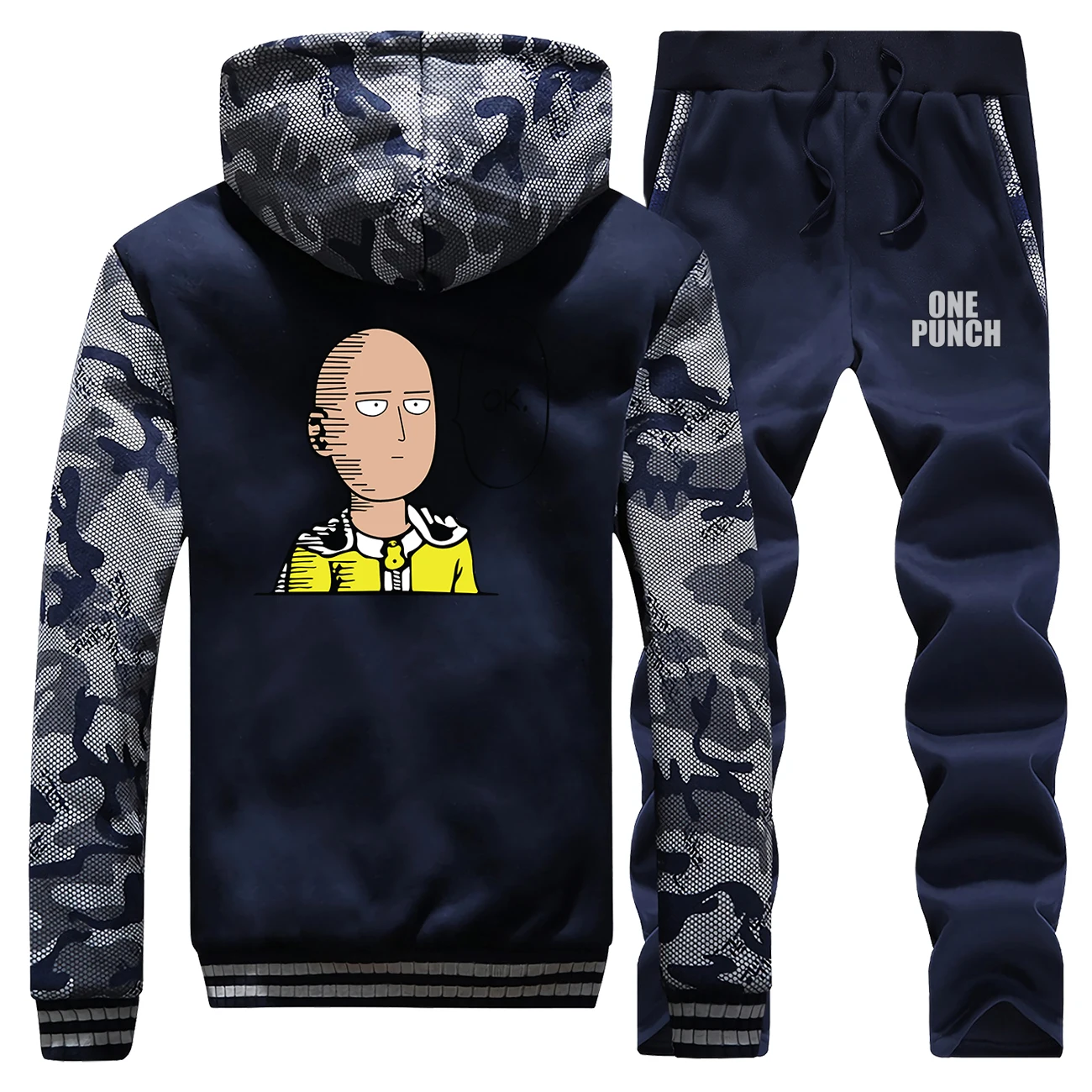 One Punch Man толстовки Сайтама Японская уличная одежда Аниме Мужская Толстовка Зимняя мужская куртка на молнии+ брюки 2 шт наборы флисовый теплый костюм