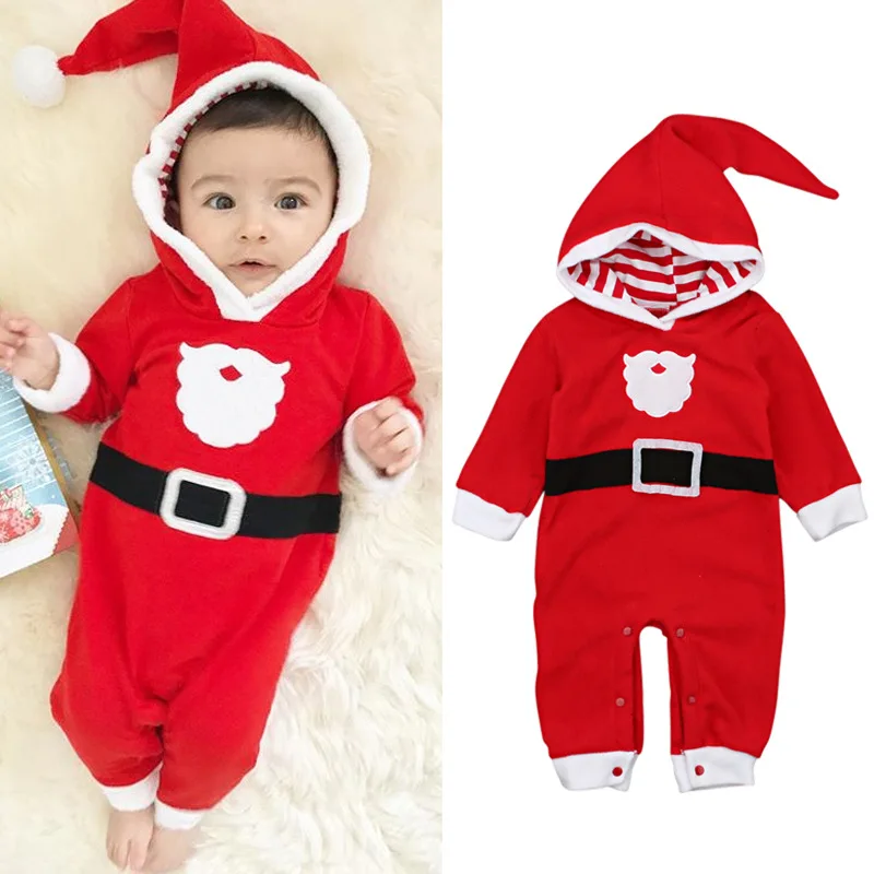 Детские комбинезоны на Рождество, костюм Санта-Клауса, комбинезон с капюшоном для малышей, зимняя одежда унисекс для малышей, красный комбинезон для маленьких мальчиков и девочек