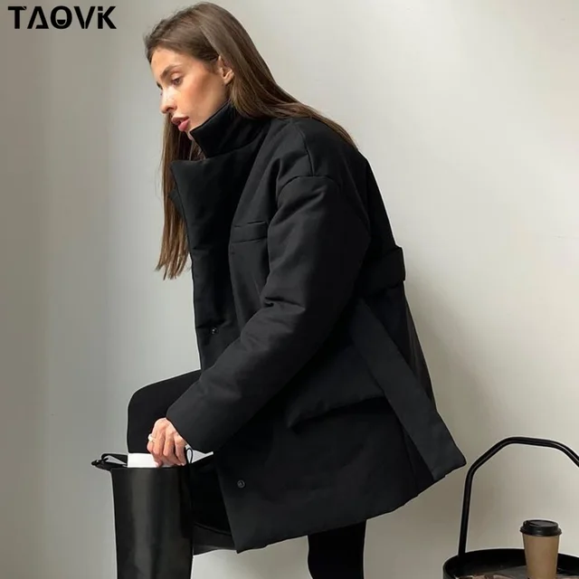 TAOVK New Short Winter Parkas Women Warm Down Cotton Jacket Female Casual Loose Outwear A Belt Cotton-padded Coat 3