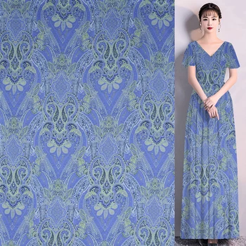 

Blue geometric style stretch silk georgette gauze fabric totem design,SCG560