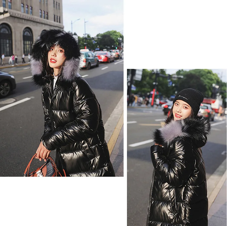 New Fashion Waterproof Glossy Down Parkas Womens Winter Jackets Warm Big Fur Collar Windproof Ladies Medium Long Hooded Coats