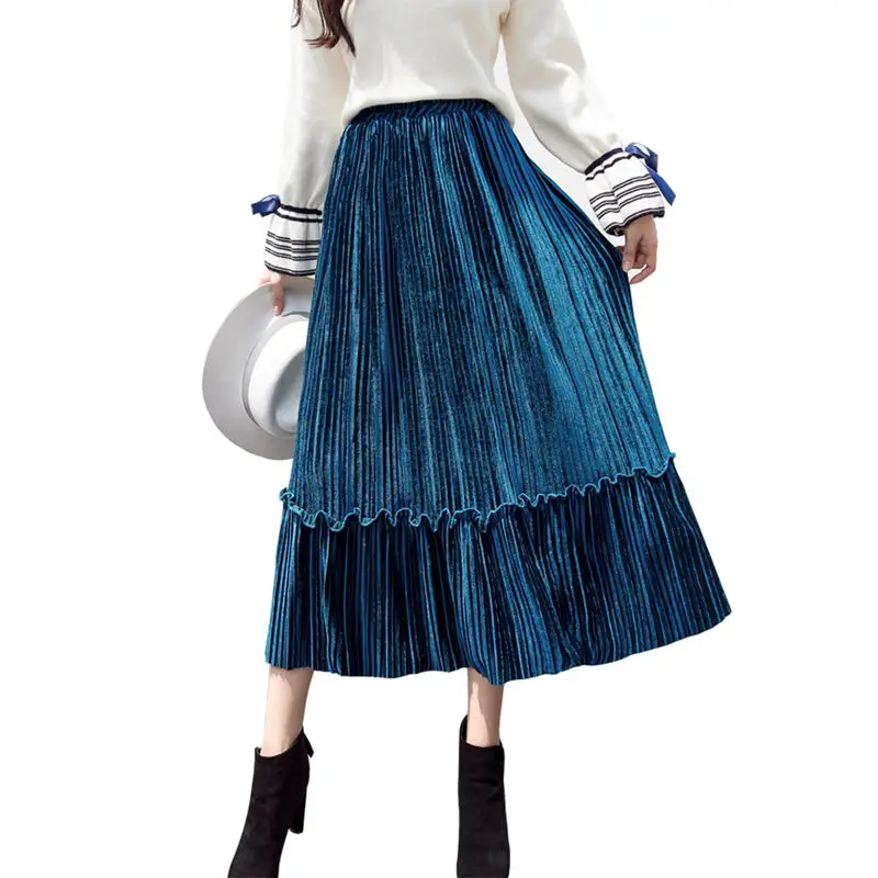 Золотая Бархатная плиссированная юбка, Женская Осенняя зимняя эластичная юбка с высокой талией, женские юбки, s Jupe Femme, модная длинная юбка макси, Faldas C5915