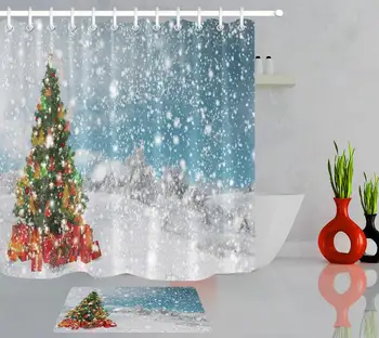 

Home Curtains Christmas Shower Curtains Snow Scene Christmas Tree Printed Bathroom Curtain Waterproof Curtains Door Mat Carpet