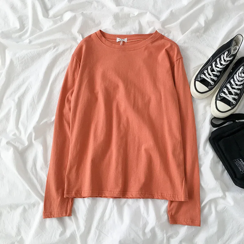 Осенняя хлопковая Повседневная футболка Для женщин модные однотонные большого размера, с длинным рукавом пуловер женский синий/зеленый/розовый Топы топы, футболки - Цвет: orange