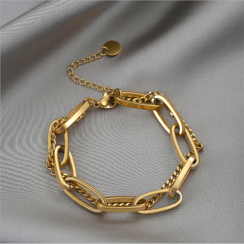 XIYANIKE 316L Stainless Steel Gold Color Thick Geometric Chain Bracelets Gift New For Women Men Fashion Party Jewelry