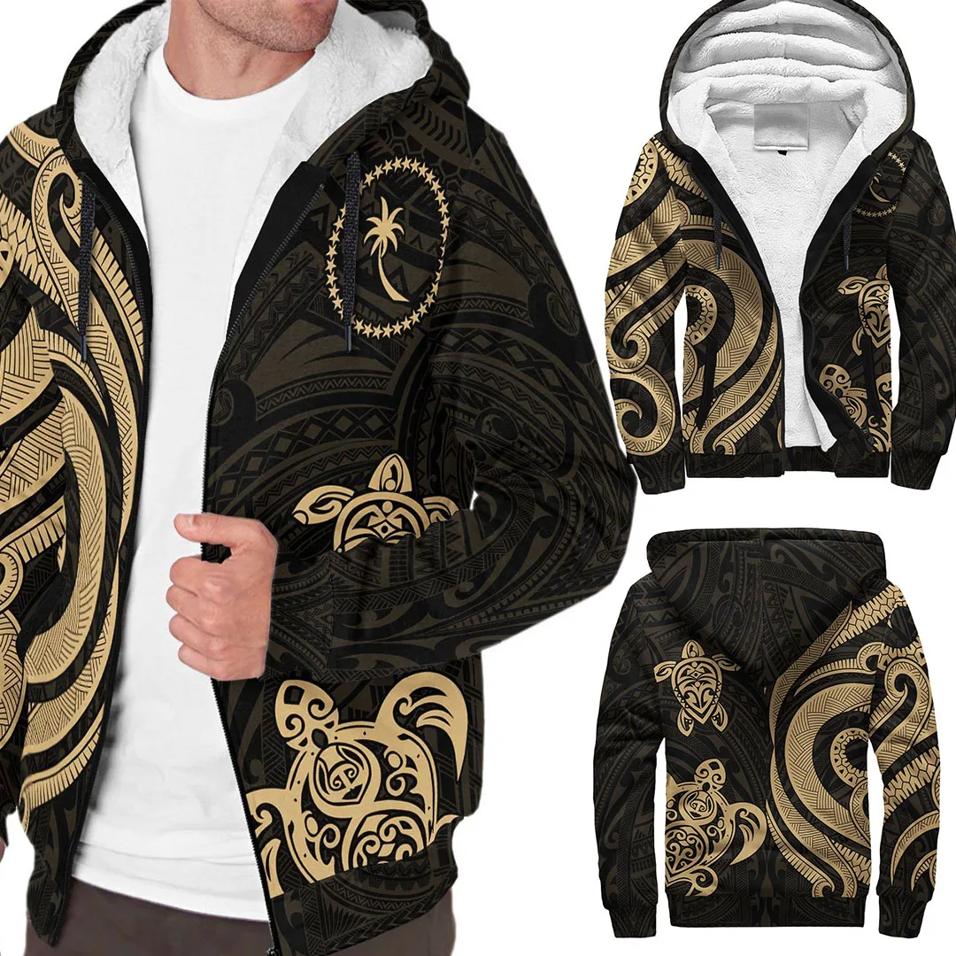 PLstarCosmos 3DPrint Polynesian Turtle Tattoo Hibiscus Sherpa Fleece Winter Unisex Winter Warm Double Plus velvet Zip Hoodies -1