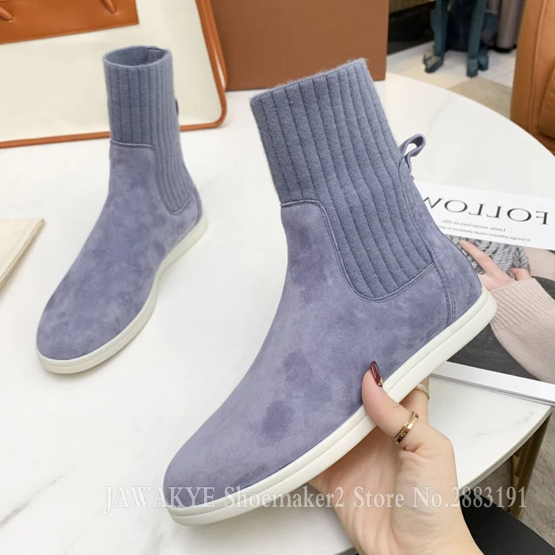 

Stretch Suede Women Short Boots Round Toe Knitting Sock Ankle Boots Winter New White Sole Flat Snow Boots Elastic Boots Outdoor