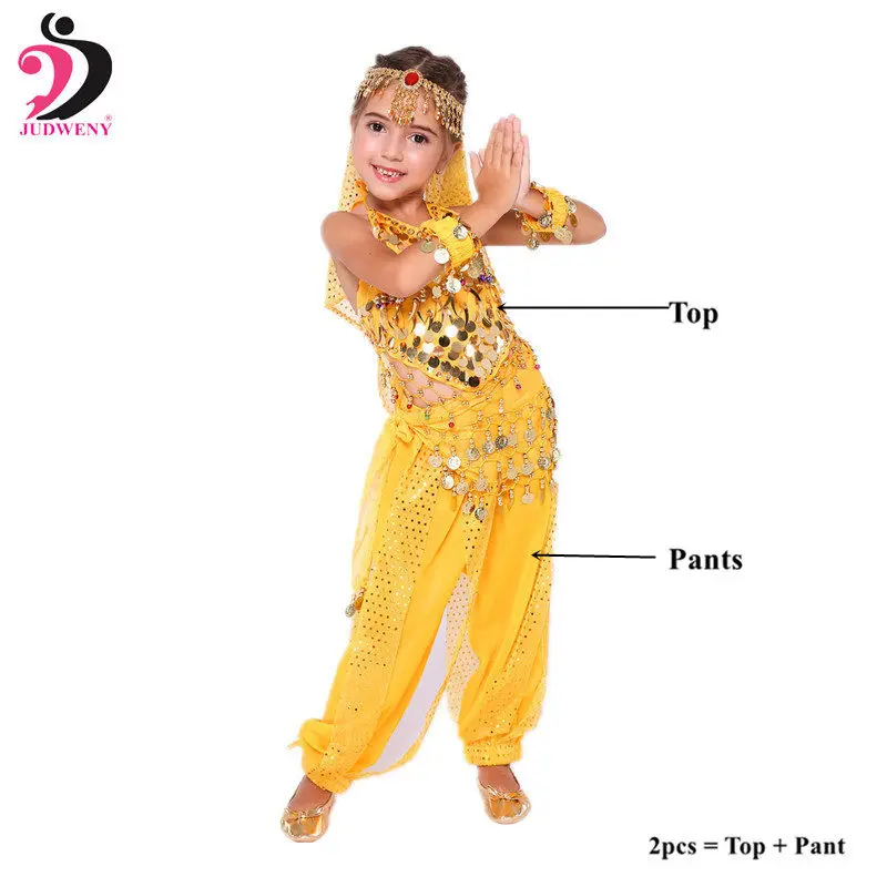 Yellow 2pcs Детский набор костюма для танца живота Индийский Болливуд Восточный Египетский танец живота платье для девочек танец живота топ брюки 6 цветов - Цвет: Yellow 2pcs