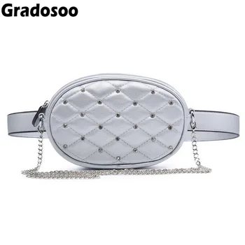 

Gradosoo Fashion Diamond Design Waist Packs Women PU Leather Chain Shoulder Bag Lady Pouch Belt Bag Small Phone Fanny Pack A005