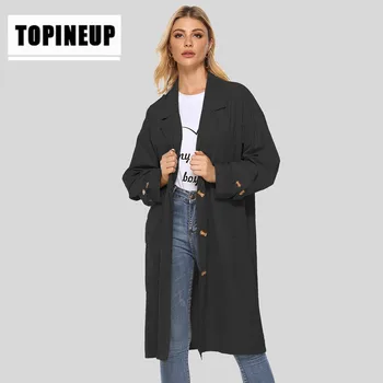 

Women Spring fashion Solid Color Lapel Plus size double pocket long sleeve windbreaker