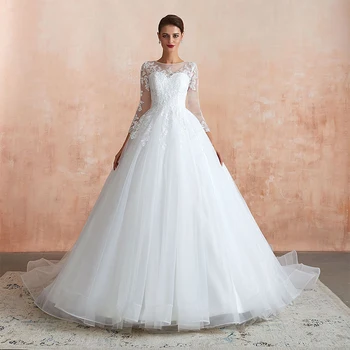 

Classic Wedding Dresses Ball Gown Zipper 3/4 Long Sleeve Chapel Train Tulle Sequins Applique Bridal 2021Vestido De Noiva