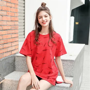 

Summer O-neck Long Tshirt Short Sleeve Women Chic Print Feather Tops Sweet Gilrs Loose Tee 2020 New