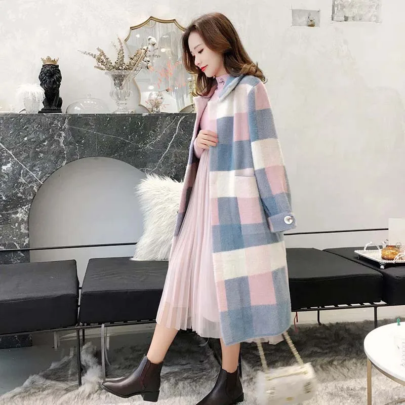 ^*Best Offers 2018 Autumn And Winter New Style Korean-style Plaid Mid-length Sweater Women's Loose-Fit Mink Cashmere Coat Sweater Cardigan Ove