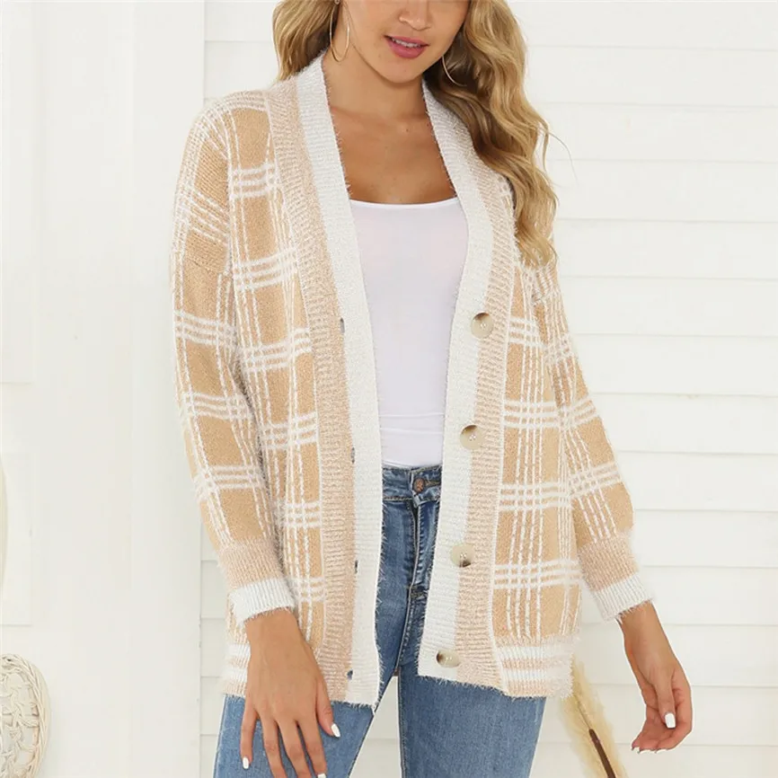

Female Sweater Cardigan Women Patchwork Button Long Sleeve Plus Size Winter Autumn Knitted Sweater Loose Plaid Cardigan A6