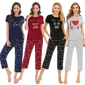 

1 Set Women Casual Pajamas Fall Clothes Long-Sleeves Nightclothes Cartoon Heart Eyelash Print Valentine's Day Gift Leisure Wear