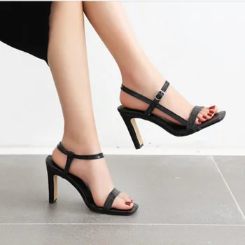 

fanyuan 2020 Square High Heel Sandals Fashion Slingback Buckle Women Shoes Open-toed Summer PU Leather Ladies Pumps Size 34-43