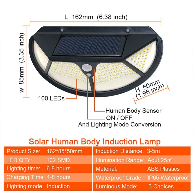 Félkör 4 Oldal 102Leds 3 Mód Fény Mozgásérzékelő Napenergia Fali Udvari Út Otthon Kerti Indukciós Utcai Lámpa - Image 5