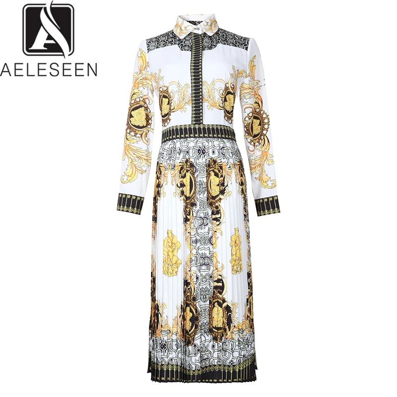 

AELESEEN 2019 New Fashion Autumn Vintage Dresses Office Turn-Down Collar Hidden Buttons Luxury Pleated Mid-Calf Printed Dress