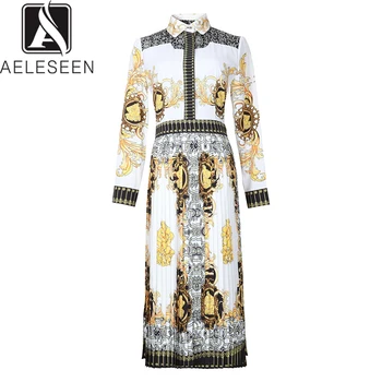 

AELESEEN 2019 New Fashion Autumn Vintage Dresses Office Turn-Down Collar Hidden Buttons Luxury Pleated Mid-Calf Printed Dress