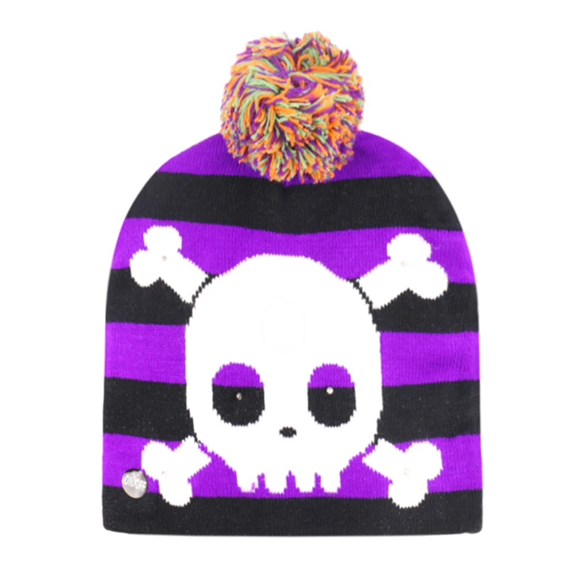 

Winfox Halloween Knit Hat Pumpkin LED Light-up Beanie Warm Cap Skull gorros mujer invierno Winter Hats For Women Mens