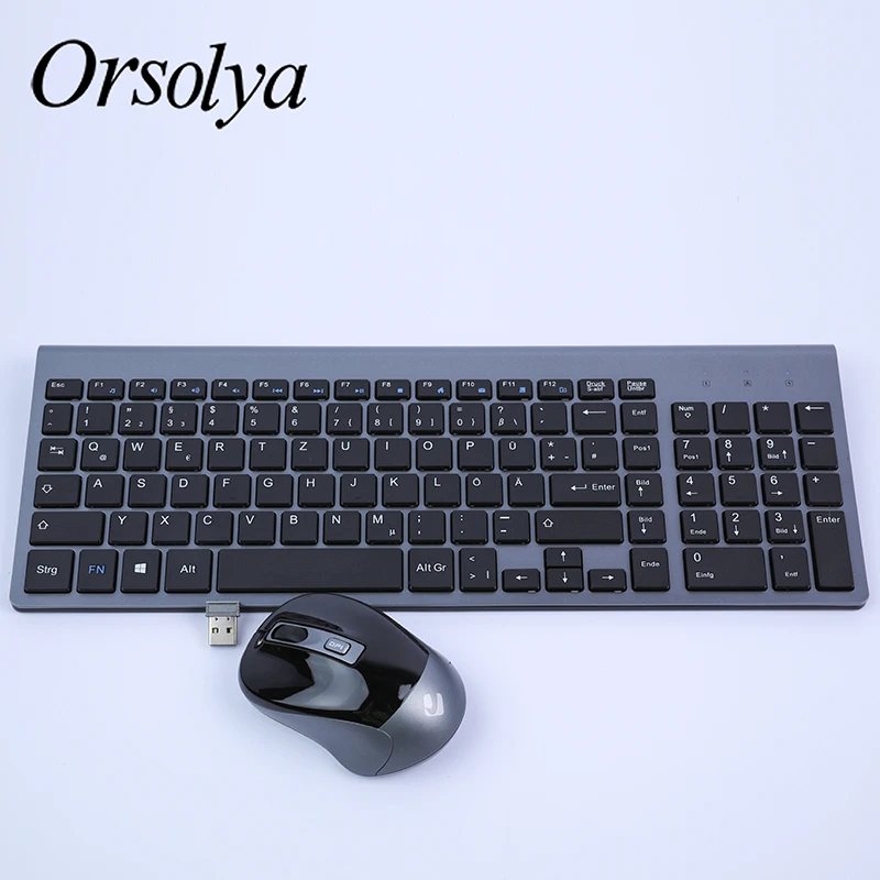 2,4G Беспроводная клавиатура и мышь комбо, Orsolya компактная полноразмерная менее шумная клавиатура для ПК настольного компьютера ноутбука, английский, итальянский, немецкий, французский, черный и серый