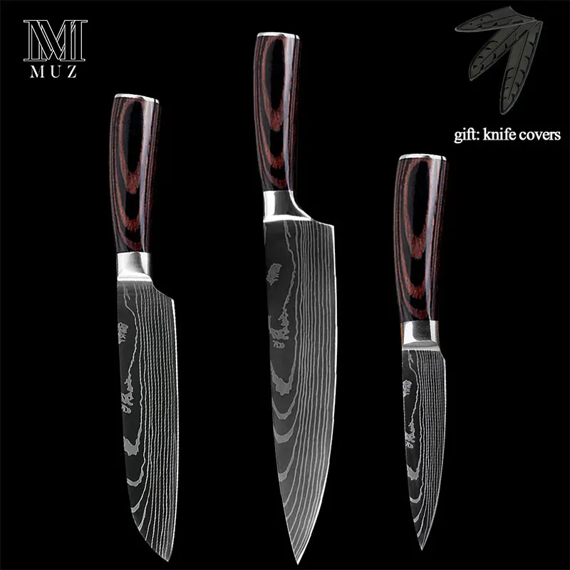 3pcs set 1 Нержавеющая сталь, высокое качество, 8 дюймов, нож шеф-повара, лазерный дамасский сантоку, кухонные ножи, острый Кливер, нож для нарезки, подарок - Цвет: 3pcs set 1