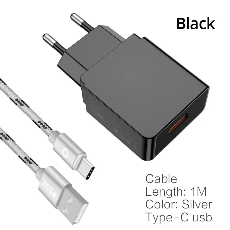 PZOZ Быстрая зарядка 3,0 USB зарядное устройство быстрое зарядное устройство 18 Вт ЕС настенный usb портативный адаптер зарядное устройство кабель для мобильного телефона для samsung S10 S9 S8 - Тип штекера: Black and Type-C