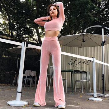 

Chrleisure Workout Solid Color Two-Piece Suit For Women Long-Sleeved Top And Flared Trousers Female Suit Fitness Woman's Clothe