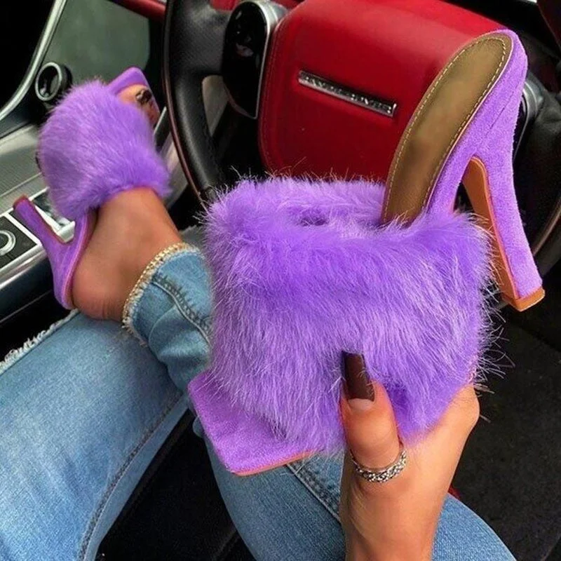 

2021 Summer Women New Outdoor Banquet Fashion Slippers High-heeled Rhinestone Single Layer Plush Plus Size All-match Sandals