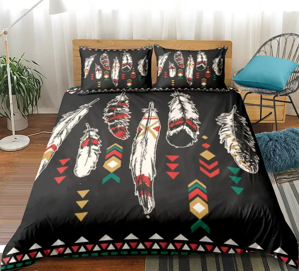 3 Pieces Duvet Cover Set Bohemian Bedding Black Ethnic Feathers With Pillowcases Tribal Bedspreads | Дом и сад