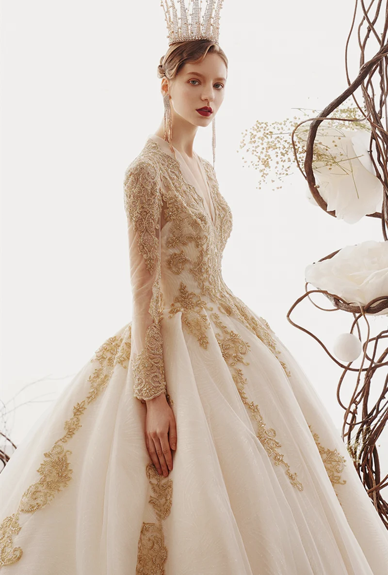 SoAyle Vestido de Noiva Hepburn роскошное свадебное платье цвета шампань с v-образным вырезом и Длинными Рукавами Свадебное Платье вышитое бисером кружевное платье с аппликацией