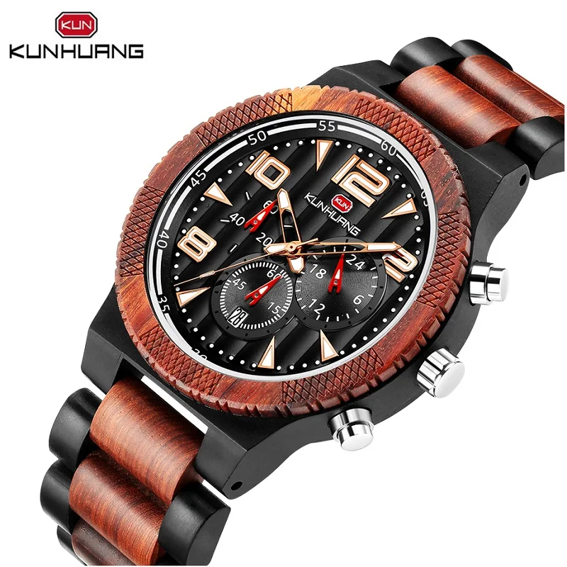 

Special Wood Natural Men Quartz Wrist Watches Red Sandalwood Ebony Date Chronograph Soft Wooden Belts Strap Unisex Clock Relogio