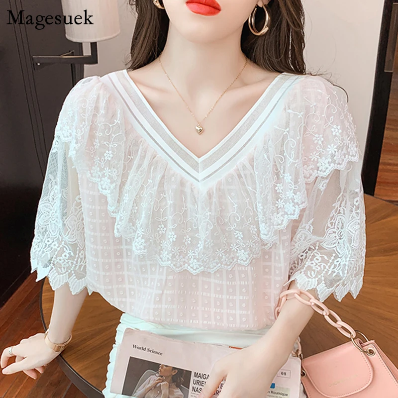 

Summer New Chiffon Shirt Women Short Sleeve Ruffles Crochet Lace Blouse Women V-neck Elegant Solid Korean Chic Loose Tops 15473