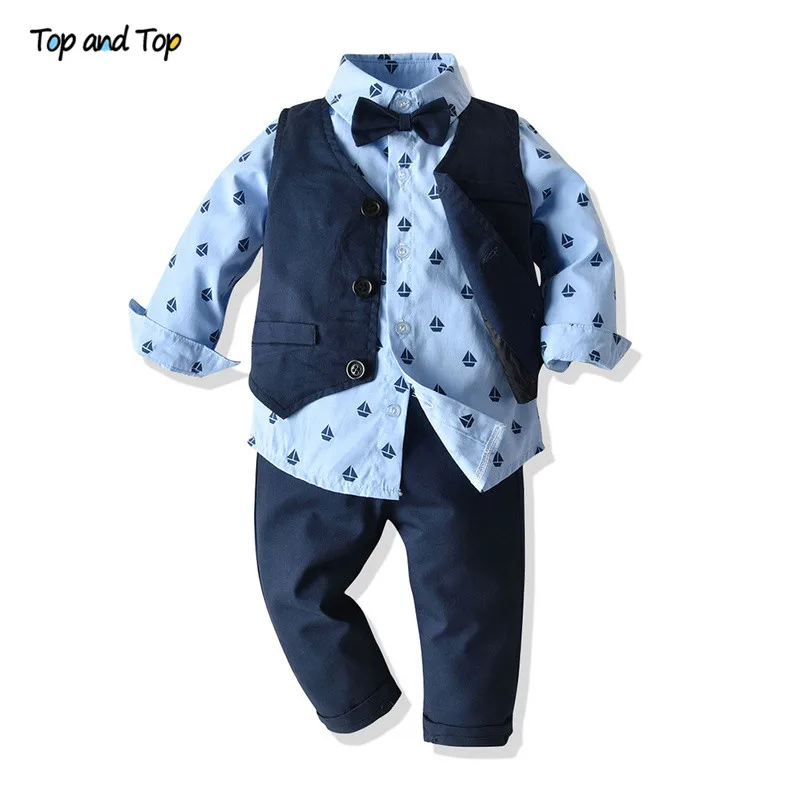 Топ и топ, комплект джентльменской одежды для мальчиков, рубашка с длинными рукавами и бантом+ жилет+ штаны, одежда для маленьких мальчиков на свадьбу - Цвет: Синий