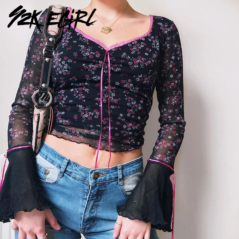 

Y2K EGIRL Sweet V-neck Flowers Printing Flare Sleeve Cropped Tops Gothic Bandage Mesh Ruffles Hem Black Flare T-shirts Vintage