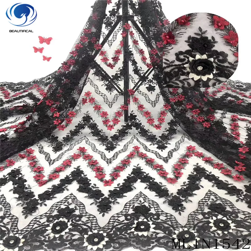 

BEAUTIFICAL Nigerian lace fabrics Latest style 3d flowers stones net lace fabric embroidery beads lace fabric 5yards ML1N1542